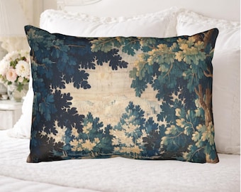French Verdure Cotton Pillow Sham, Antique Vintage Aubusson Tapestry Bedroom Decor