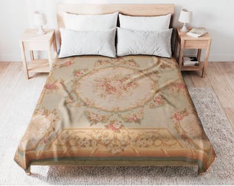 French Aubusson Woven-Style Bedspread, Louis XV Château Coverlet, Floral Shabby Chic Decor