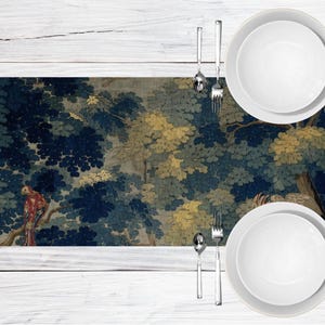 Dutch Verdure Tapestry Table Runner, Pastoral Landscape with Animals Design, Vintage Home Decor, Antique Table Linens, Elegant Home Textile