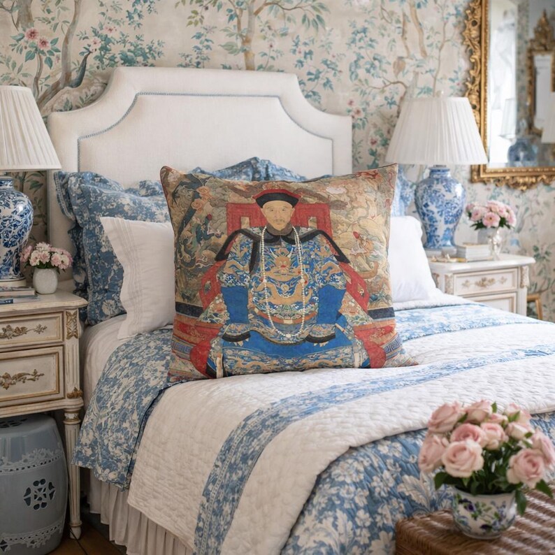 Chinese Ancestor Pillow Case, Chinoiserie Imperial Portrait Pillow ...