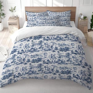 Funda nórdica de algodón Toile de Jouy, diseño francés "Le Ballon" en azul y blanco, decoración de dormitorio.