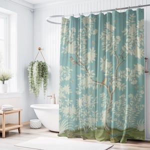 Chinoiserie Shower Curtain, Hand-Painted Watercolor Design, Floral Bathroom Decor, Vintage Home, Botanical Bath Curtain, Chic Fabric Liner