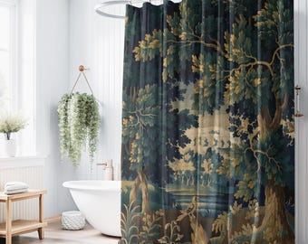 Verdure Tapestry Shower Curtain, Antique 18th Century Reproduction, Vintage Bathroom Decor, Elegant Bath Curtain, Country Farmhouse Liner