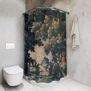 Add vintage charm to your bathroom with this stunning shower curtain, featuring a reproduction of an 18th-century Aubusson verdure tapestry. The lush woodland scene brings antique elegance to your bathroom decor, making it a perfect centerpiece for any bathroom renovation. Crafted from high-quality fabric, this bath curtain combines historic beauty with everyday functionality. Elevate your home decor with this unique tapestry-inspired bathroom accessory.