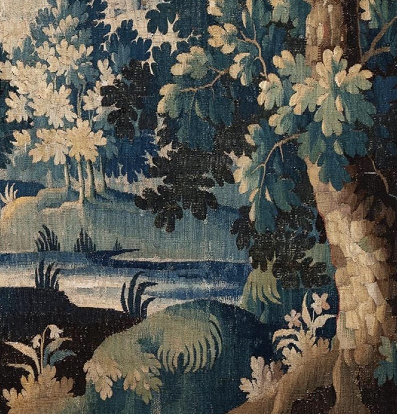 Add vintage charm to your bathroom with this stunning shower curtain, featuring a reproduction of an 18th-century Aubusson verdure tapestry. The lush woodland scene brings antique elegance to your bathroom decor, making it a perfect centerpiece for any bathroom renovation. Crafted from high-quality fabric, this bath curtain combines historic beauty with everyday functionality. Elevate your home decor with this unique tapestry-inspired bathroom accessory.