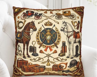 May include: A square throw pillow featuring a cream-colored background with a detailed equestrian-themed print. The design includes a brown horse, a white horse, horse-drawn carriages, a central crest with a crown, luggage, and riding gear.