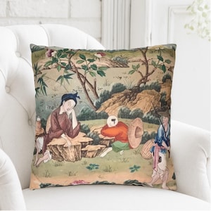 Chinoiserie Pillow Case, Antique Chinese Art Reproduction, Throw Pillow Cover, Decorative Cushion, Vintage Home Decor