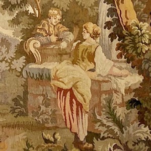 Bring timeless charm to your home with this 19th-century French verdure garden tapestry wall hanging. Featuring pastoral scenes, elegant figures, and lush foliage, this antique-style Aubusson piece adds a grandmillennial touch to any room. Perfect for French country, cottagecore, or vintage decor. Ideal for a living room, bedroom, or hallway. A statement piece for lovers of historic wall art, tapestries, and château interiors.