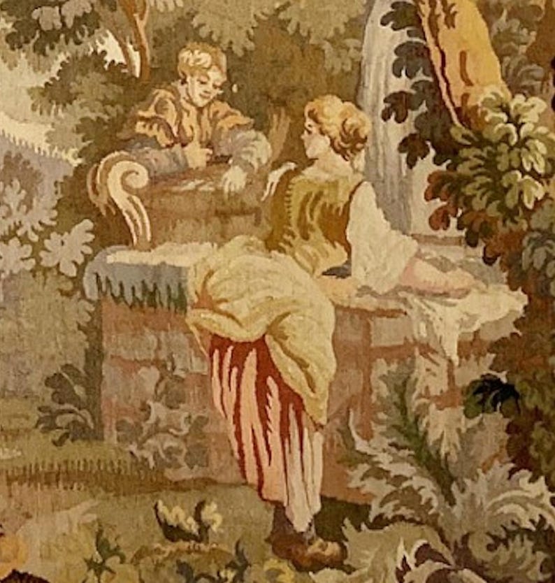 Bring timeless charm to your home with this 19th-century French verdure garden tapestry wall hanging. Featuring pastoral scenes, elegant figures, and lush foliage, this antique-style Aubusson piece adds a grandmillennial touch to any room. Perfect for French country, cottagecore, or vintage decor. Ideal for a living room, bedroom, or hallway. A statement piece for lovers of historic wall art, tapestries, and château interiors.