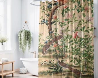 Chinoiserie duschdraperi - reproduktion av kinesisk konst från 1700-talet, asiatisk badrumsinredning, orientalisk baddraperi, lyxigt heminredningstillbehör
