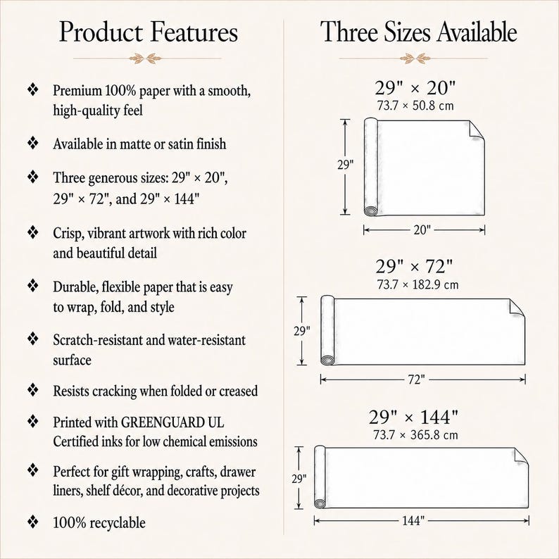 Op de afbeelding: Producteigenschappen: premium 100% papier met een gladde textuur, verkrijgbaar in matte of satijnen afwerking. Drie maten: 73,7 x 50,8 cm, 73,7 x 182,9 cm en 73,7 x 365,8 cm. Kras- en waterbestendig papier.