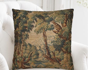 Verdure Tapestry Pillow Cover, Vintage Forest Home Decor, Antique Green Woodland Pillowcase, Chateau French Country Cushion Cover