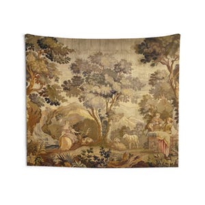 Bring timeless charm to your home with this 19th-century French verdure garden tapestry wall hanging. Featuring pastoral scenes, elegant figures, and lush foliage, this antique-style Aubusson piece adds a grandmillennial touch to any room. Perfect for French country, cottagecore, or vintage decor. Ideal for a living room, bedroom, or hallway. A statement piece for lovers of historic wall art, tapestries, and château interiors.