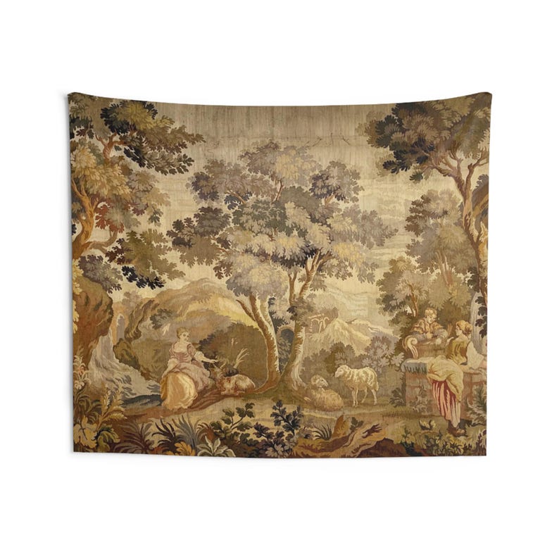 Bring timeless charm to your home with this 19th-century French verdure garden tapestry wall hanging. Featuring pastoral scenes, elegant figures, and lush foliage, this antique-style Aubusson piece adds a grandmillennial touch to any room. Perfect for French country, cottagecore, or vintage decor. Ideal for a living room, bedroom, or hallway. A statement piece for lovers of historic wall art, tapestries, and château interiors.