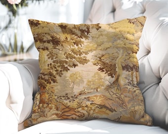 French Verdure Tapestry Pillow Cover, Antique Vintage Throw Cushion