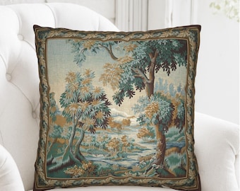French Verdure Tapestry Pillow Cover, Vintage Home Decor, Antique Chateau Pillowcase, French Country Cushion