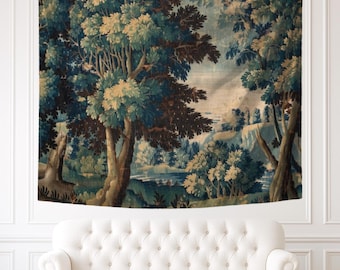 French Verdure Aubusson Wall Hanging, 100% Polyester Wall Tapestry, Printed Fabric Reproduction, Antique Wall Art, Vintage Home Decor Gift