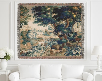 French Verdure Aubusson Woven Tapestry, Antique Home Decor, Vintage Throw Blanket, Chateaucore Bedspread, Wall Hanging, Wall Art Decor, Gift
