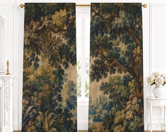 May include: A pair of floor-length curtains featuring a detailed forest landscape print. The fabric displays a dense canopy of dark green and golden-brown trees, layered foliage, and a soft, muted background scene in shades of beige and light blue.