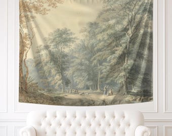 May include: A wall tapestry featuring a landscape illustration in muted tones of green, brown, and cream. The scene depicts a dense forest with tall trees, a winding path, and small figures of people and animals gathered in the center.