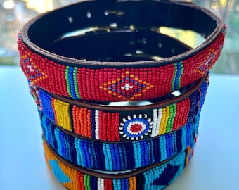 Leather Beaded Dog Collars - Size XS - Kenyan / Masai / Hand Made