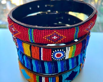 Leather Beaded Dog Collars - Size X Large - Kenyan / Masai / Hand Made
