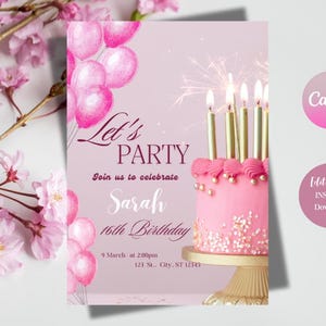 Pink Birthday Invitation for Girl – Sweet 16 Party Invite with Cake & Balloons