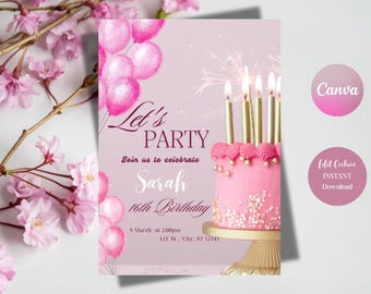 Pink Birthday Invitation for Girl – Sweet 16 Party Invite with Cake & Balloons – Customizable Girl Birthday Invitation Card