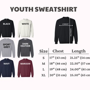May include: Youth sweatshirt size chart with measurements in inches and centimetres. The chart shows the chest and length measurements for sizes S, M, L, and XL.