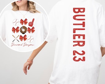 Comfort Colors® Personalized Baseball Mama Shirt with Bow, Custom Team Mom T Shirt with Kid Name number, Mascot Jersey Tball Mom Shirt