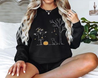 Minimalist Halloween Scarecrow Sweatshirt, Cottagecore Fall Dog Crewneck, Pumpkin Patch Autumn Top, Vintage Nature Gift