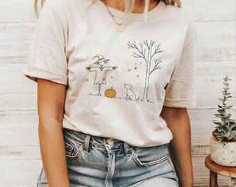 Minimalist Halloween Scarecrow Shirt, Cottagecore Fall Dog Tee, Pumpkin Patch Autumn Top, Vintage Cute Nature Gift