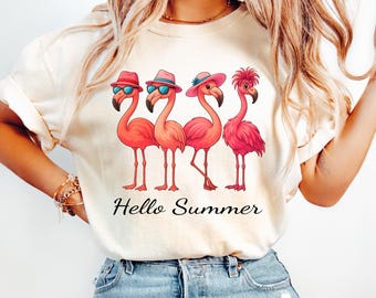 Comfort Colors® Hello Summer T-Shirt, Cute Flamingo Shirt, Tropical Vacation Tee, Summer Beach Graphic Shirt, Funny Animal T-Shirt for Women