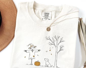 Minimalist Halloween Scarecrow Comfort Colors© Shirt, Cottagecore Fall Dog Tee, Pumpkin Patch Autumn Top, Vintage Cute Nature Gift
