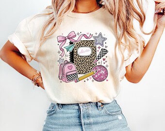 Girls Back To School Shirt, Custom Name Leopard Letter Tee, Coquette Bow Pencil Backpack Shirt, Personalized Student Gift