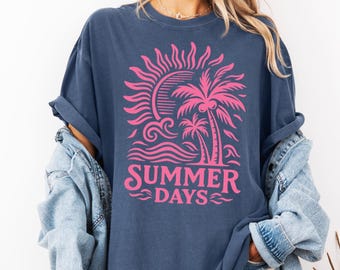 Comfort Colors® Summer Day Shirt, Beach T-Shirt, Ocean Lover Gift, Aesthetic Coastal Tee, Retro Sun & Waves Graphic Shirt for Women