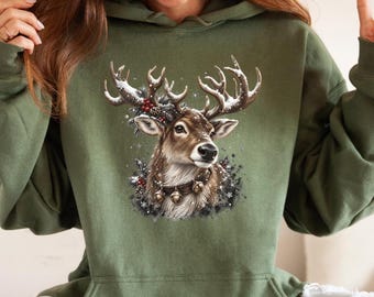Vintage Reindeer Hoodie, Christmas Jingle Bell Hooded Hoodie, Retro Winter Deer Pullover, Holiday Gift Hoodie, Xmas Animal Apparel