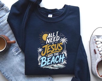 Retro Jesus and the Beach Sweatshirt, Summer Faith Based Pullover