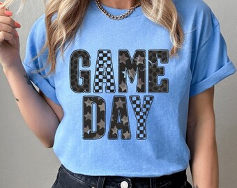 Gameday Shirt, Retro Football Shirt, Football Mom Shirt, Game Day Graphic Tee, Checkered Star Football T-Shirt, Fall Sports Shirt