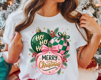 Ho Ho Ho Merry Christmas Shirt, Pink and Green Ornament T-Shirt, Cute Holiday Brushstroke Tee, Retro Christmas Aesthetic Apparel