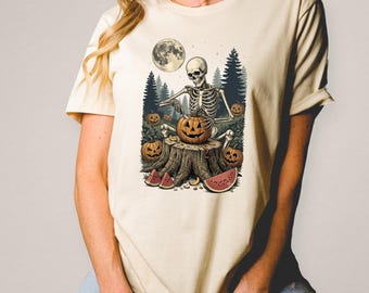 Gothic Summer Skeleton Shirt, Spooky Watermelon Carving T-Shirt, Vintage Halloween Tee, Alternative Graphic Shirt