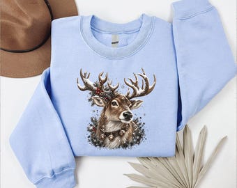 Vintage Reindeer Sweatshirt, Christmas Jingle Bell Crewneck, Retro Winter Deer Pullover, Holiday Gift Hoodie, Xmas Animal Apparel, Festive