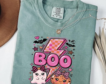 Cute Pink Halloween Ghost Shirt, Comfort Colors® Boo Pumpkin Tee, Girly Spooky Season Shirt, Coquette Fall Graphic, Halloween Gift