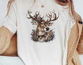 Vintage Reindeer Shirt, Christmas Jingle Bell T-Shirt, Retro Winter Deer Tee, Holiday Gift Shirt, Xmas Animal Apparel, Festive Holiday Top
