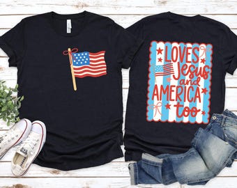 Chemise Loves Jesus and America Too, t-shirt avec nœud coquette patriotique 4 juillet, chemise preppy patriotique États-Unis, t-shirt drapeau américain rouge blanc bleu