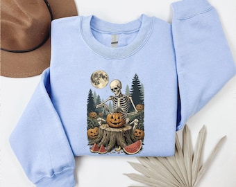 Gothic Summer Skeleton Sweatshirt, Spooky Watermelon Carving Crewneck, Vintage  Halloween Sweater, Alternative Graphic Top
