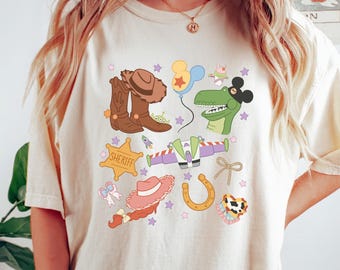 Retro Toy Story Comfort Color Shirt, Woody Buzz Jessie Tee, Pixar Character Badge T Shirt, Cute Disney Toy Shirt,Disney Family Trip 2025 Tee