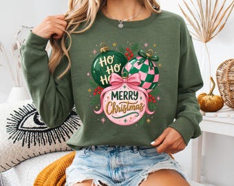 Ho Ho Ho Merry Christmas Sweatshirt, Pink and Green Ornament Crewneck, Cute Holiday Brushstroke Sweater, Retro Christmas Aesthetic Apparel