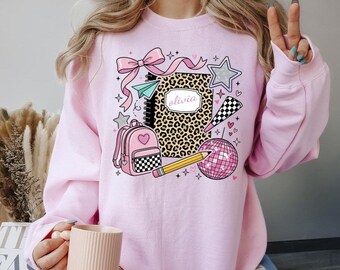 Girls Back To School Sweatshirt, Custom Name Leopard Letter Crewneck, Coquette Bow Pencil Backpack Pullover, Personalized Student Gift