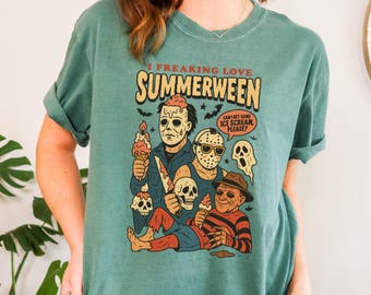 Comfort Colors® Summer Halloween T-Shirt, I Freaking Love Summer T Shirt, Funny Halloween Shirt, Horror Characters Shirt,Halloween in Summer